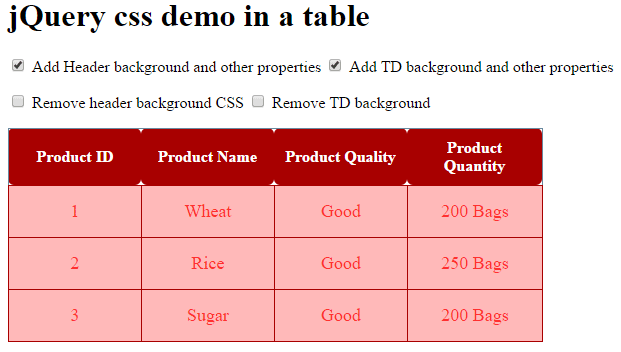 jQuery CSS table