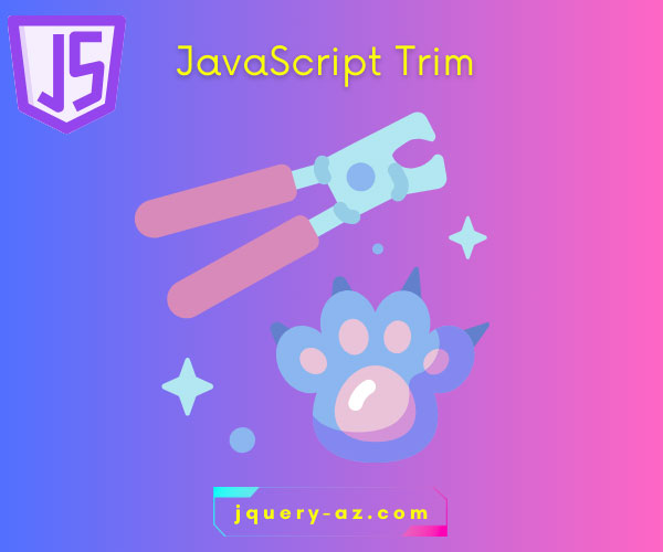 An image demonstrating the usage of JavaScript trim() function to remove leading and trailing whitespaces from a string. Contains JS and jquery-az.com logos