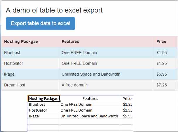 jquery table excel button