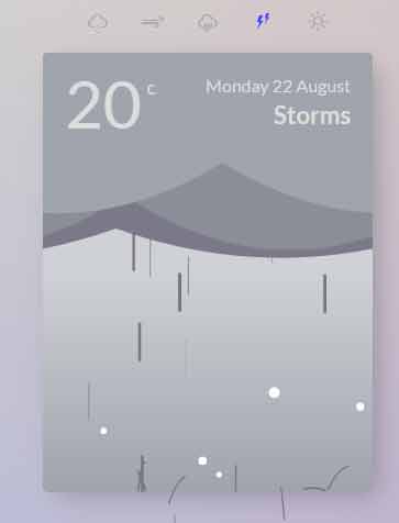 jQuery / JavaScript animated weather cards: Sunny, Snow, Windy, Rain, and  Storms