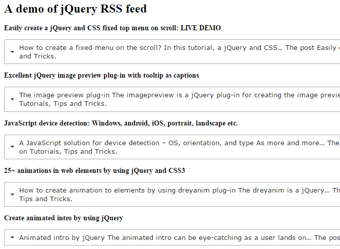 jQuery rss feed accordion