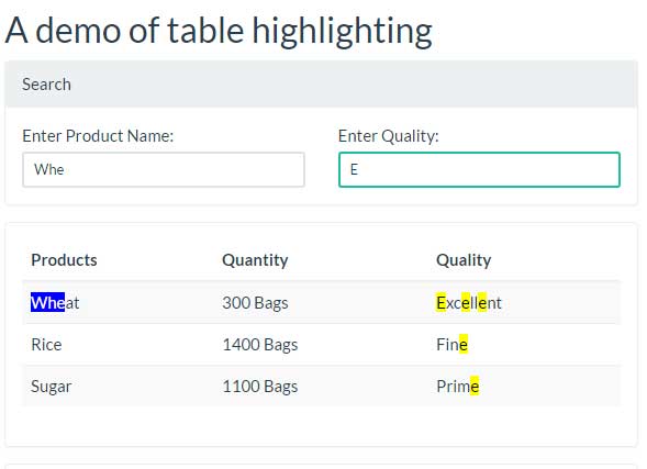 jQuery keyword highlight table