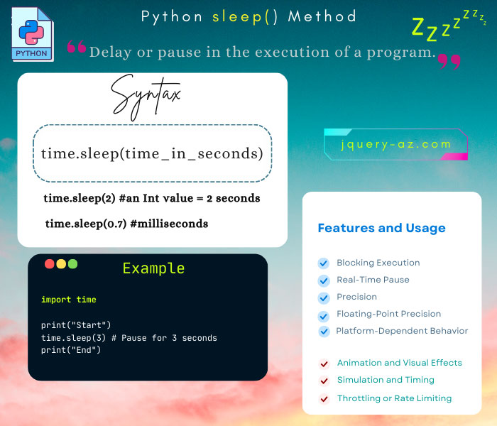 An infographic on the Python sleep method. Explore how to introduce time delays, control animations, and optimize program timing.