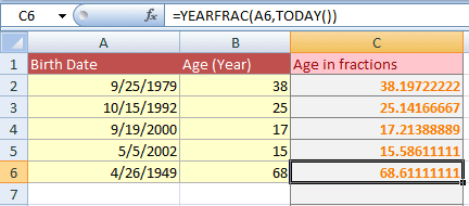Excel YEARFRAC age