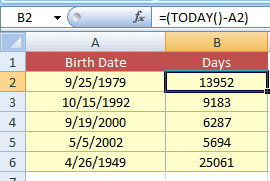 Excel age days