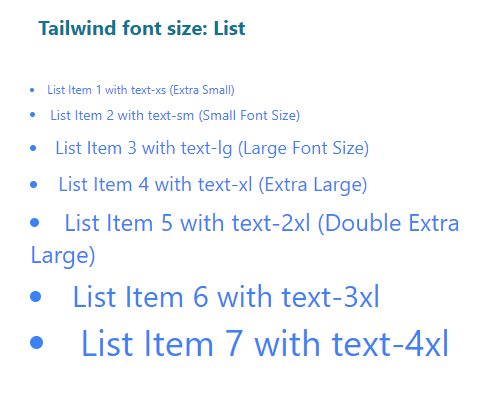 Using Tailwind font size classes in a list examples
